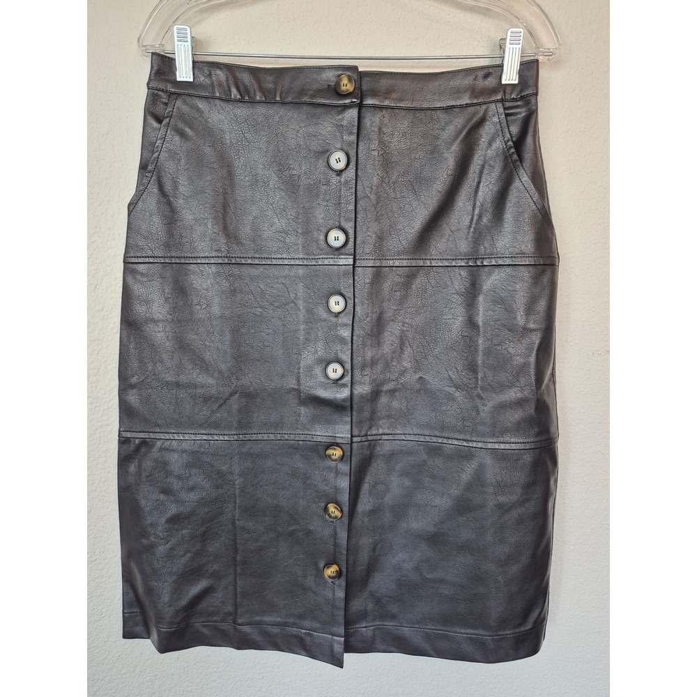 Aaron‎ & Amber Black Pleather Button Front Midi Skirt Women's Large NWT
